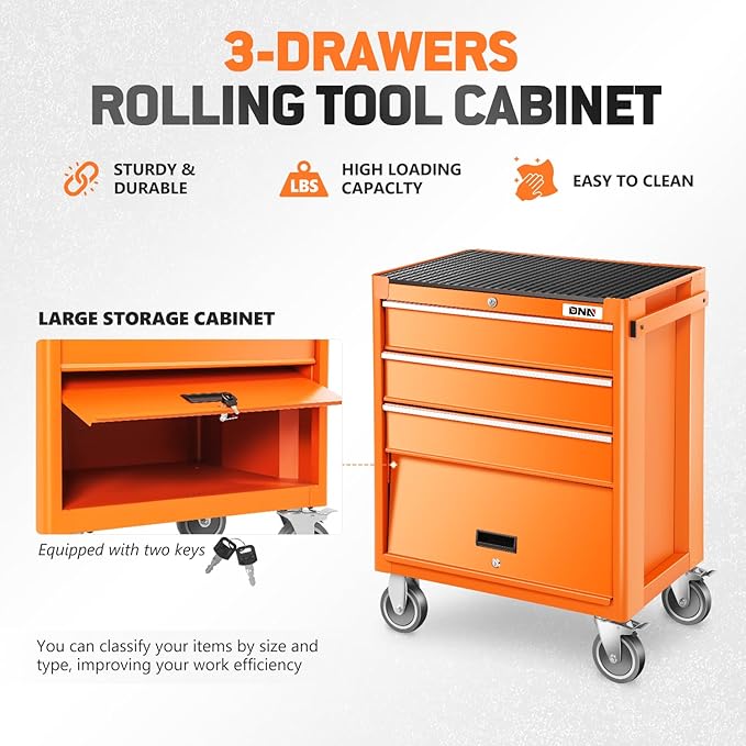 DNA MOTORING 3-Drawers Utility Rolling Tool Chest Cabinet with Wheels, Heavy Duty Industrial Service Cart Keyed Locking System, for Garage Warehouse Workshop, Orange, TOOLS-00400