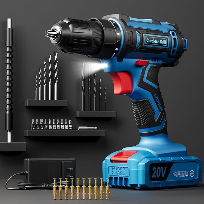 Cordless Drill Set, 20V Power Drill with Battery 2.0Ah and Charger, 3/8-Inch Keyless Chuck Electric Drill, 25+1 Torque, 42pcs Drill Driver Bits/Screws for DIY Projects (Blue)