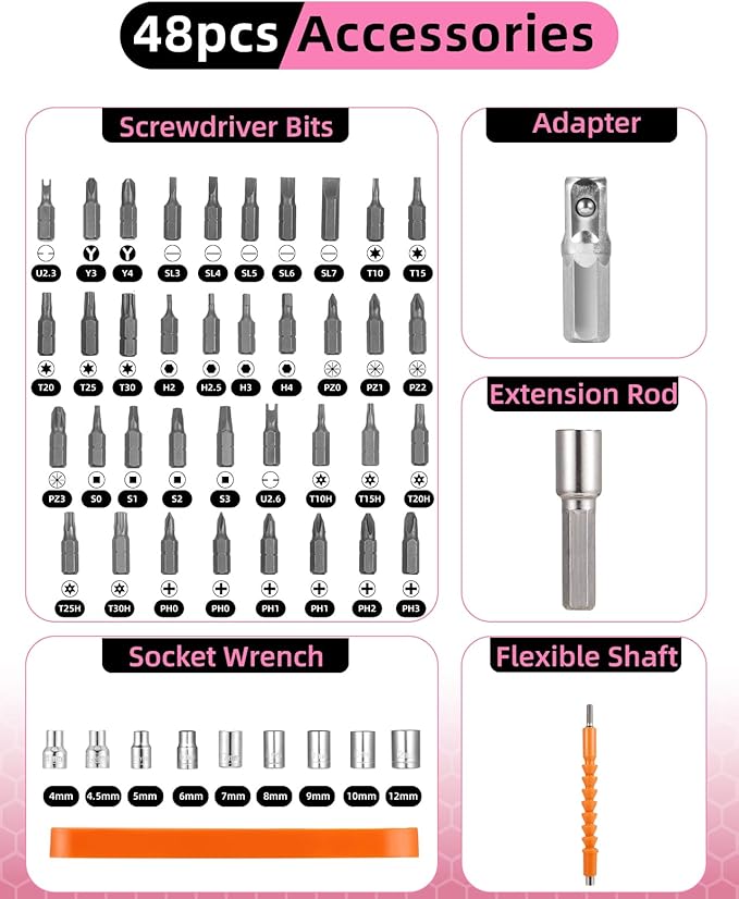 Pink Cordless Electric Screwdriver Set, 4.1V Rechargeable Small Electric Drill with 48pcs Driver Bit Set, Power 3Nm Screw Gun with 2 Position Handle, Flexible Shaft LED Light for Women