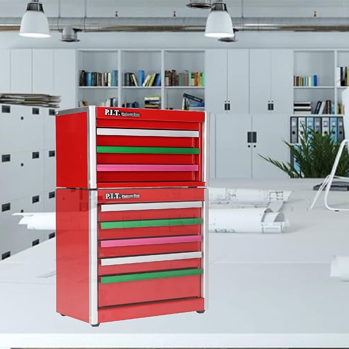 P.I.T. Mini Red Tool Box, Portable 3 Colorful Drawer Steel Tool Box with Magnetic Tab Locking, Red Micro Top Chest with Liner for Tools Storage, Home DIY