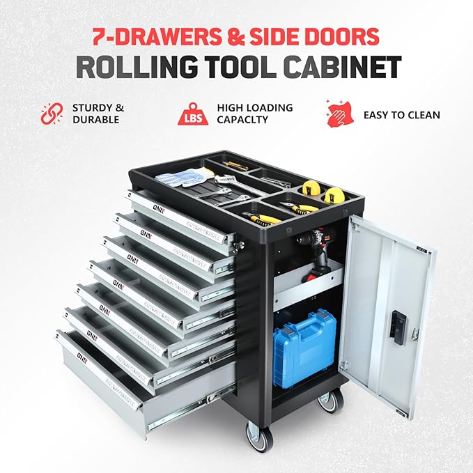 DNA MOTORING 7-Drawers Roller Tool Chest Cabinet with Casters, Locking System, Top Worktop, for Garage Warehouse Workshop, Grey, TOOLS-00397