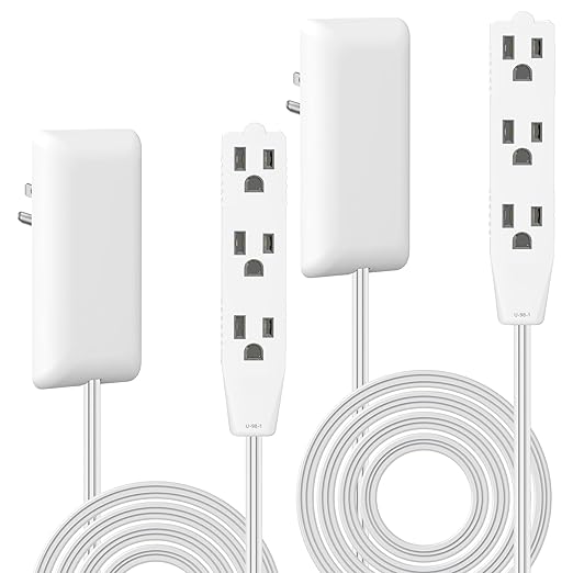 LIDER Flat-Face Outlet Extender with 3 Receptacles, Ultra-Thin Wall Plate Plug with Cord Extender and 3-Outlet Power Strip, 8ft Cord, LWE8-315-W2P, White, 2 Pack