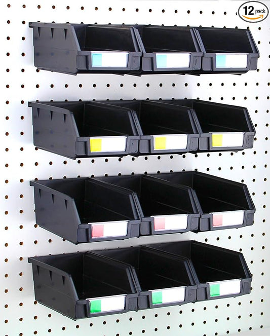Pegboard Bins – 12 Pack Black Extra Large - Hooks to Any Peg Board - Organize Hardware, Accessories, Attachments, Workbench, Garage Storage, Craft Room, Tool Shed, Hobby Supplies, Parts