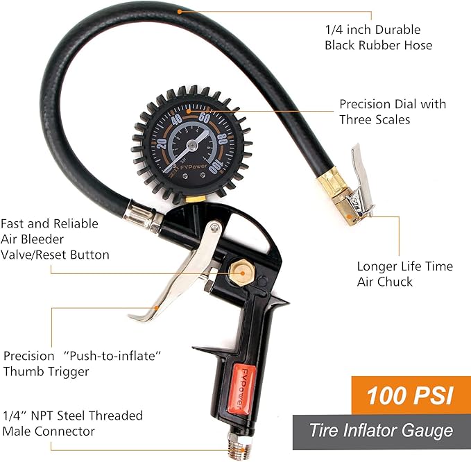 22 Pieces Air Compressor Accessories kit, 3/8 inch x 25 ft Hybrid Air Compressor Hose Kit, 1/4" NPT Quick Connect Air Fittings, Tire Inflator Gauge, Heavy Duty Blow Gun, Swivel Plugs