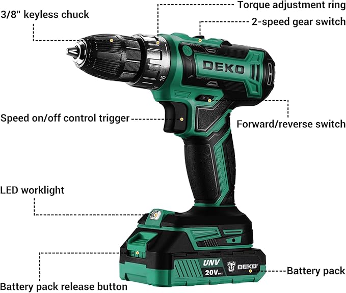 Power Drill Cordless: DEKO PRO Cordless Drill 20V Electric Power Drill Set Tool for Women Drills Cordless with Battery and Charger Drill Driver 20 Volt Drill Driver Kit Green
