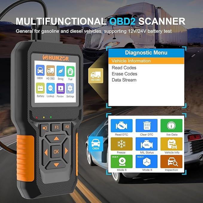 Heavy Duty Truck Scanner, NC601 Full System Diesel Diagnostic Scan Tool for Cummings, Detroit, Freighter, International, Paccar Check Truck Engine and Car 2 in 1 Code Reader/OBD2 Scanner