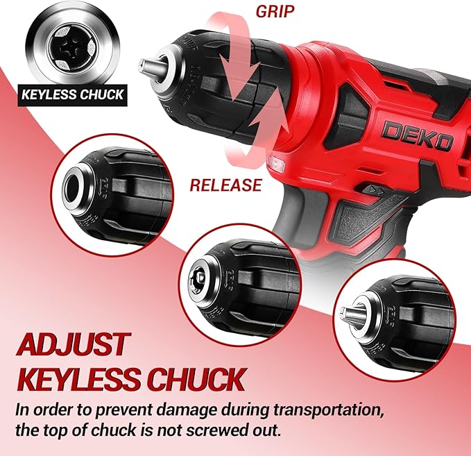 DEKOPRO 8V Cordless Drill, Drill Set with 3/8"Keyless Chuck, 42pcs Acessories, Built-in LED, Type-C Charge Cable, Red Power Drill for Drilling and Tightening/Loosening Screws