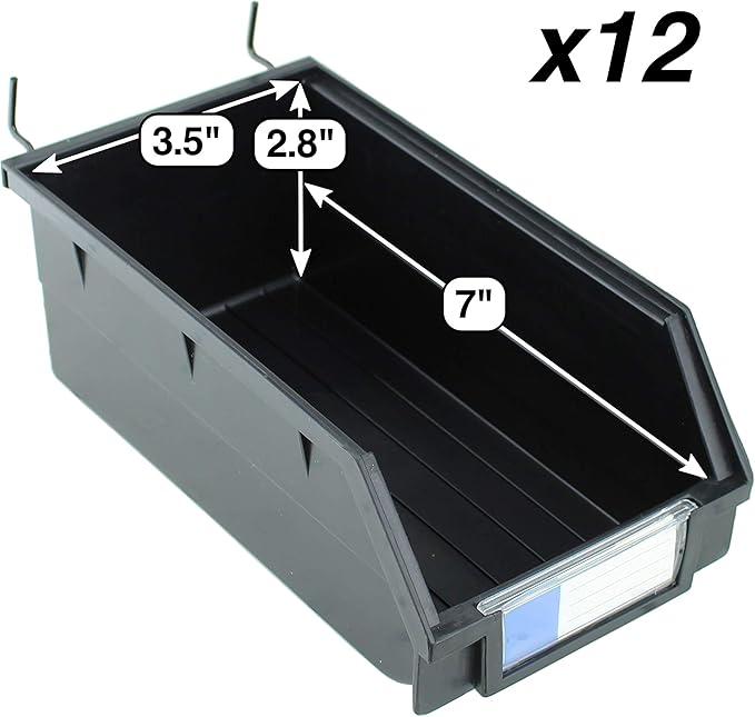 Pegboard Bins – 12 Pack Black Extra Large - Hooks to Any Peg Board - Organize Hardware, Accessories, Attachments, Workbench, Garage Storage, Craft Room, Tool Shed, Hobby Supplies, Parts