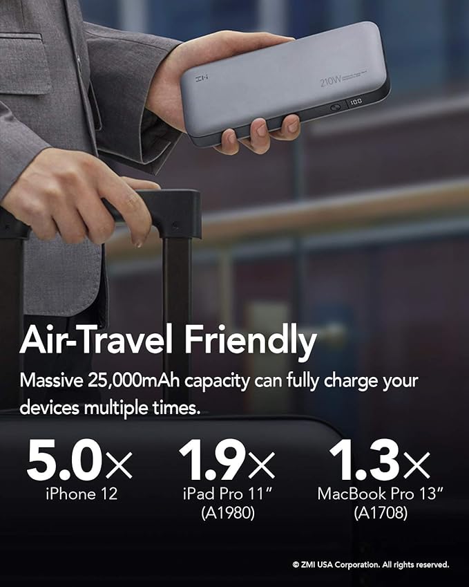 ZMI PowerPack No. 20, QB826G Ultra Laptop Power Bank Worldwide Ed. 25000 mAh PD Max 100W Single Port, Max 210W Total, USB C Portable Charger for MacBook Pro & Laptops That Receive Charge via USB C