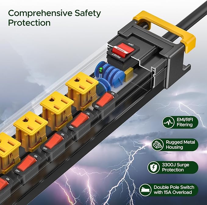 6 Outlet Heavy Duty Power Strip with Individual Switches, 3300J Surge Protector Metal Mountable Power Strip, 6FT Cord Management, Wide-Spaced, ETL Listed (15A/1875W)