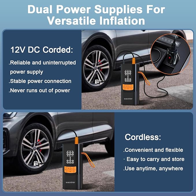 Tire Inflator Portable Air Compressor, 15000mAh and 150PSI Car Tire Pump with Pressure Display for Cars, Motorcycles, Bicycles, Ball Bikes with Tire Pressure Gauge, Dual-Use Type