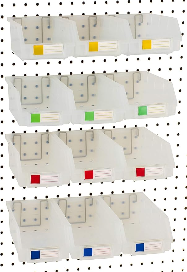 Pegboard Bins – 12 Pack Clear Large - Hooks to Any Peg Board - Organize Hardware, Accessories, Attachments, Workbench, Garage Storage, Craft Room, Tool Shed, Hobby Supplies, Small Parts