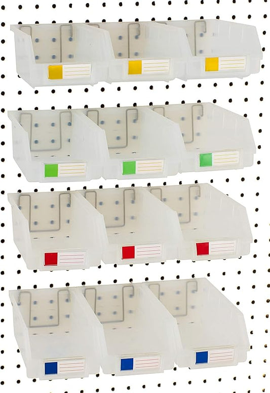 Pegboard Bins – 12 Pack Clear Large - Hooks to Any Peg Board - Organize Hardware, Accessories, Attachments, Workbench, Garage Storage, Craft Room, Tool Shed, Hobby Supplies, Small Parts