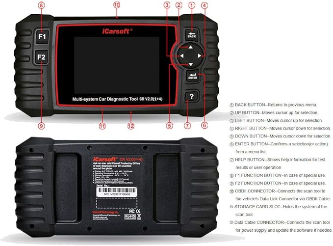 iCarsoft CR V2.0 Diagnostic Scan Tool for Multi-Brand Vehicles (10-19 Vehicle Choices) +Oil Reset +EPB+BMS+DPF+SAS+ETC+BLD+INJ