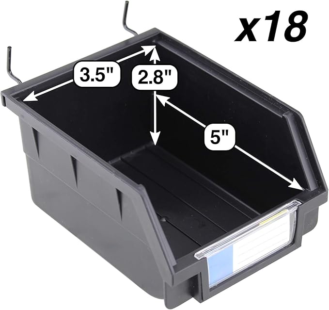 Pegboard Bins – 18 Pack Black Large - Hooks to Any Peg Board - Organize Hardware, Accessories, Attachments, Workbench, Garage Storage, Craft Room, Tool Shed, Hobby Supplies, Small Parts