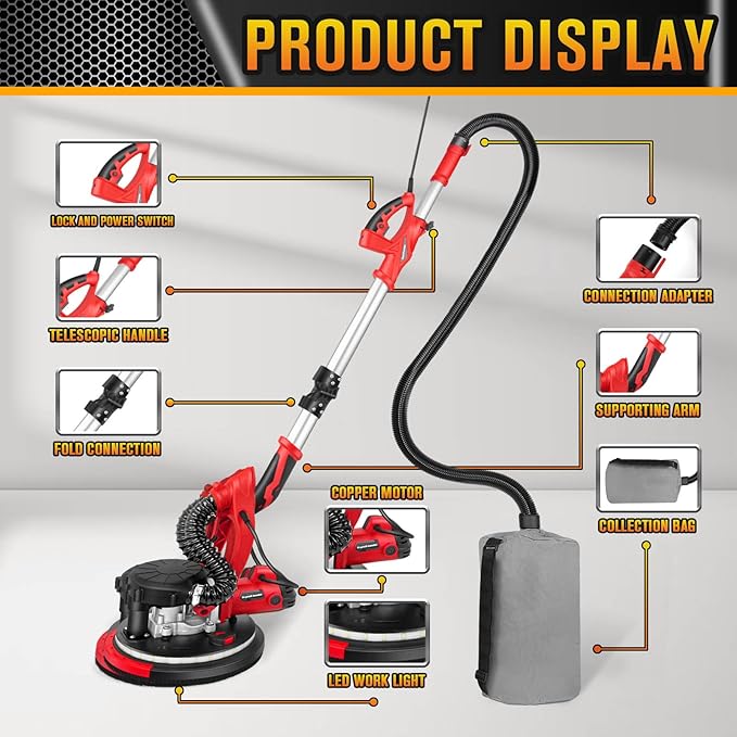 Drywall Sander with 5 Variable Speeds and Double-Deck LED，750W High Power - Ideal for grinding drywall, ceilings, interior walls, exterior walls,loose plaster