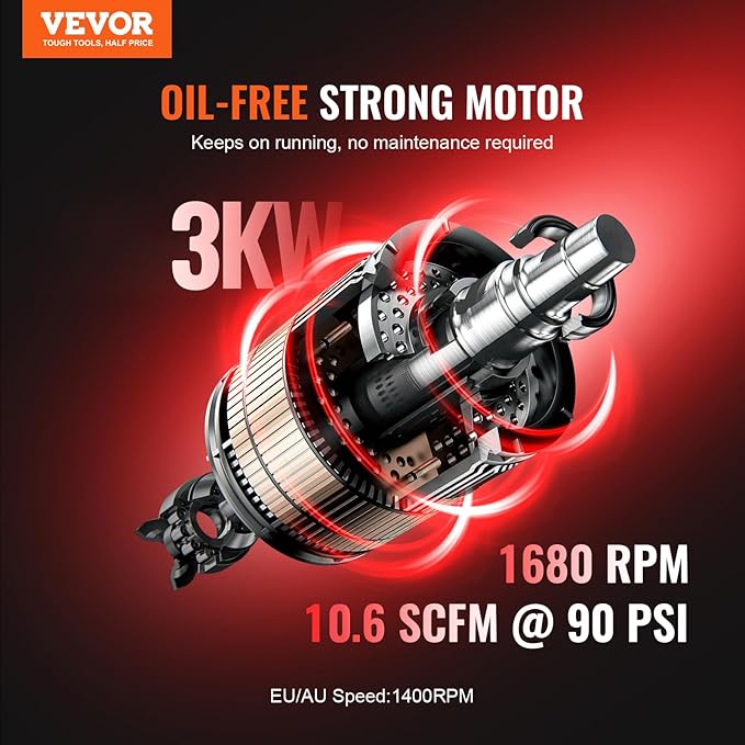 VEVOR Air Compressor, 20 Gallon Steel Tank, 4HP 10.6 CFM@90 PSI Oil Free Air Compressor & Max. 125PSI Pressure, 78dB Ultra Quiet Compressor for Auto Repair, Tire Inflation, Spray Painting (220V 60Hz)