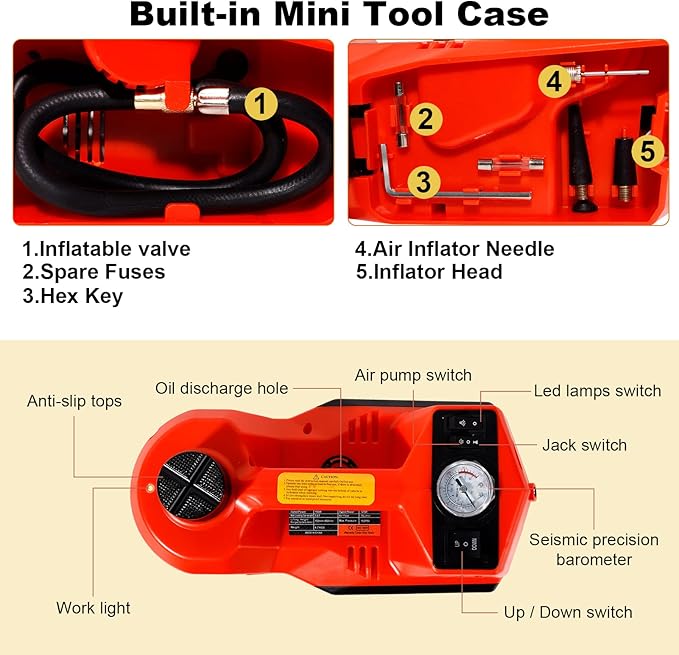 Electric Car Jack Kit, 5 Ton Hydraulic Car Jack with Electric Impact Wrench and Inflator Pump, 12V Portable Car Jack with LED Light for SUV MPV Sedan, Lifting Range 6 to 17.7 Inch (Red)