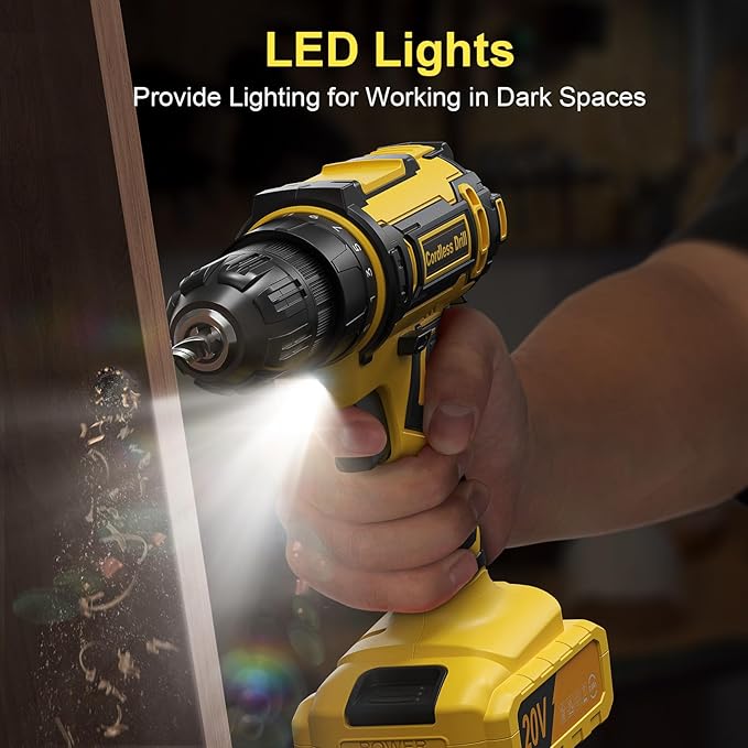 Cordless Drill, 20V Power Drill, Double 2000mAh Batteries Electric Drill, Cordless Drill with Battery and Charger, 3/8" Keyless Chuck Battery Drill with 25+1 Max 370 In-lb Torque, 42Pcs Drill Bits
