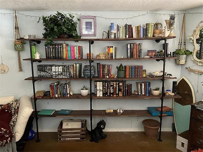 Industrial Wall Mount Iron Pipe Shelf Bracket,Retro DIY Open Bookshelf,Storage Shelves, Ceiling Hung Shelves for Home Kitchen Bathroom Living Room Office(3PcsX5Tier,70" Tall,12" deep,Hardware Only)