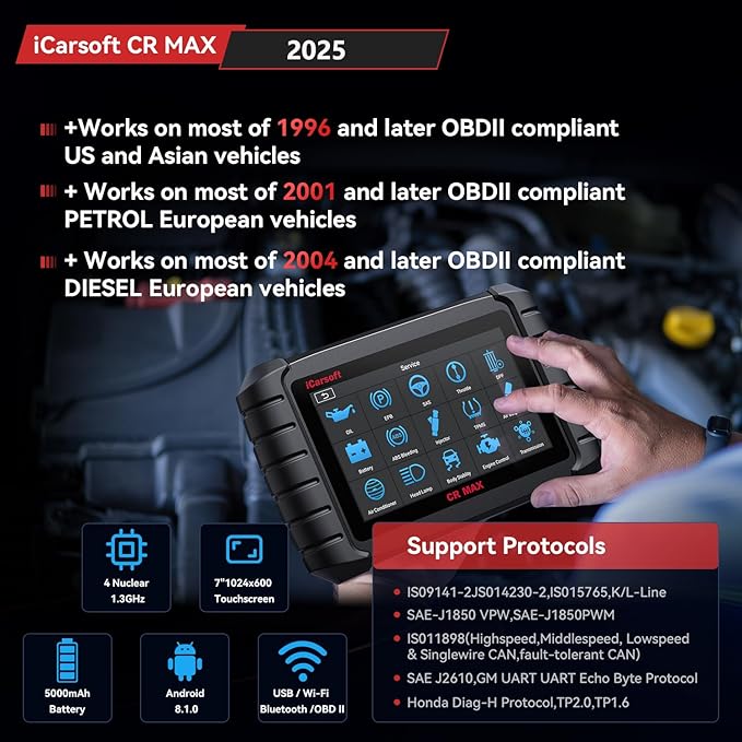 iCarsoft CR Max BT Wireless Bidirectional Scan Tool, 49+ Reset OBD2 Diagnostic Touchscreen Scanner, ECU Adaptation/Teach-in, All System, 4-in-1 Live Graphing, Lifetime Free Update