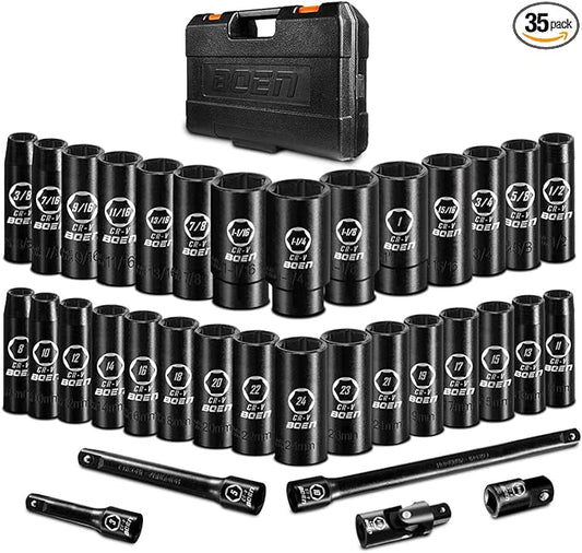 BOEN 35PCS 1/2” Drive Impact Socket Set, Deep SAE(3/8"-1-1/4") & Metric(8-24mm) Socket with Extension Bars, 6 Point Cr-V Steel for Auto Repair, Double Lock Case