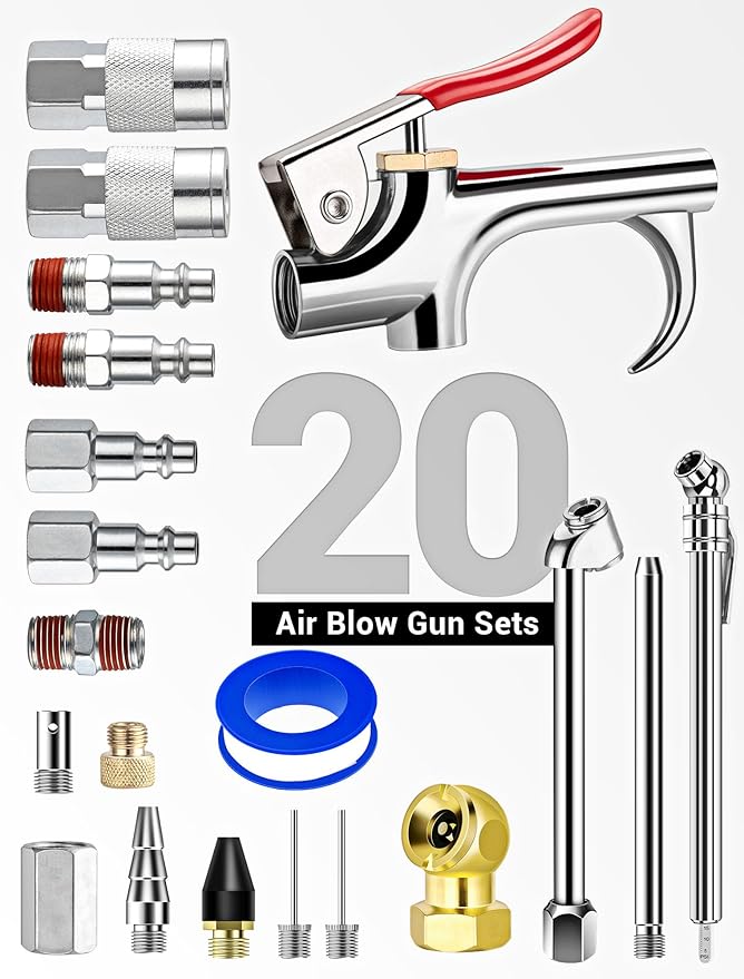20 Pcs Air Tool Kit, Air Compressor Kit with 1/4" NPT Quick Connect Coupler & Plug/Tire Air Chucks/Tire Gauge/Air Nozzles/Air Hose Fittings, Pneumatic Tools for Air Compressor Accessories