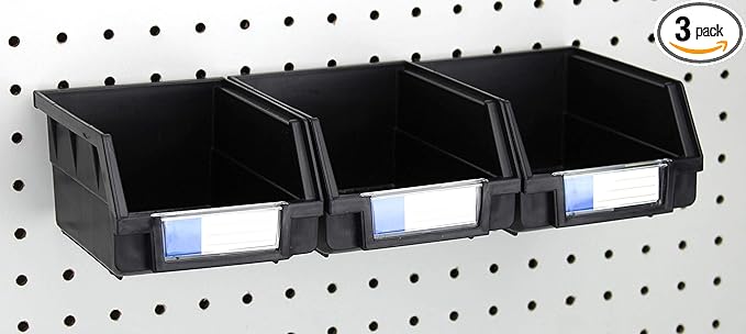 Pegboard Bins - 3 Pack Black Large - Hooks to Any Peg Board - Organize Hardware, Accessories, Attachments, Workbench, Garage Storage, Craft Room, Tool Shed, Hobby Supplies, Small Parts