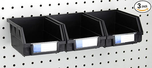 Pegboard Bins - 3 Pack Black Large - Hooks to Any Peg Board - Organize Hardware, Accessories, Attachments, Workbench, Garage Storage, Craft Room, Tool Shed, Hobby Supplies, Small Parts