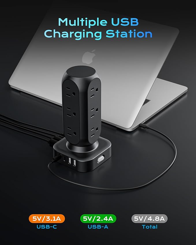 Tower Surge Protector Power Strip, Flat Plug 10FT Extension Cord with Multiple Outlets, 12 AC Outlets & 8 USB Ports, 24W Outlet Extender Overload Protection for Home Office Room