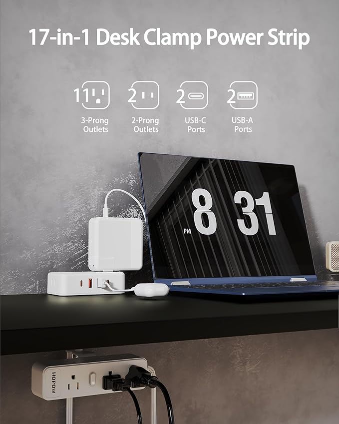 Dual Layer Desk Clamp Power Strip, White Desktop Edge Mount Charging Station with 13 Outlets 4 USB Ports (2 USB C), Under Desk Surge Protector(1700 Joules), 10 Ft Extension Cord for Office