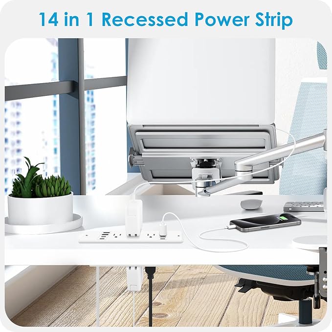 HHSOET 14 in 1 Fast Charging Recessed Power Strip, 20W Furniture Power Outlet USB C, Flush Mount Surge Protection with 6 AC Plugs, 4 USB-A and 4 USB-C, 6ft Power Cord. (White)