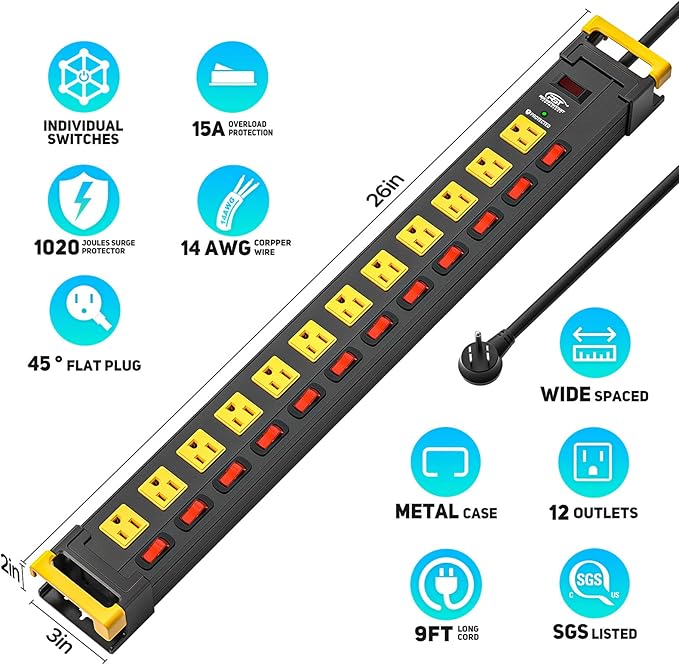 CRST 12 Outlets Long Power Strip, 9 FT Cord Metal Surge Protector Power Strip with Individual Switches, Wall Mount Power Strip with Cord Manager, 1020J, 15Amp/1875W for Garage,Workshop, Office, Home