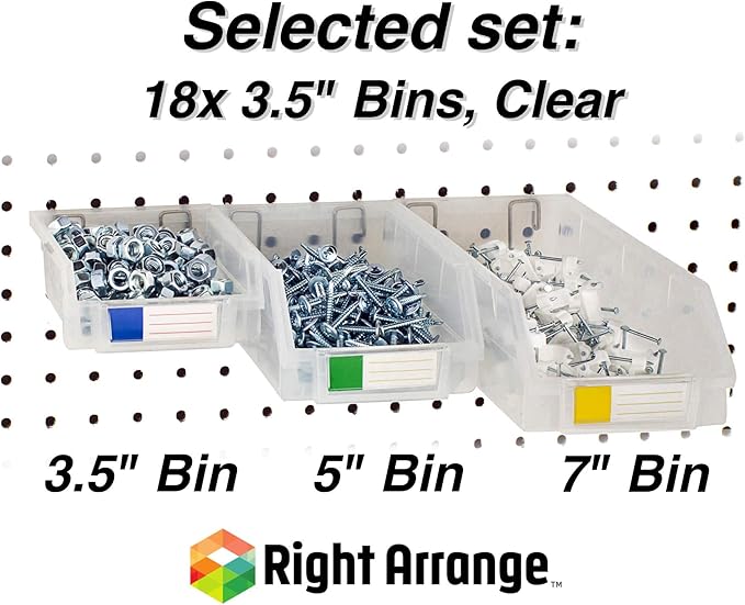 Pegboard Bins – 18 Pack Clear - Hooks to Any Peg Board - Organize Hardware, Accessories, Attachments, Workbench, Garage Storage, Craft Room, Tool Shed, Hobby Supplies, Small Parts