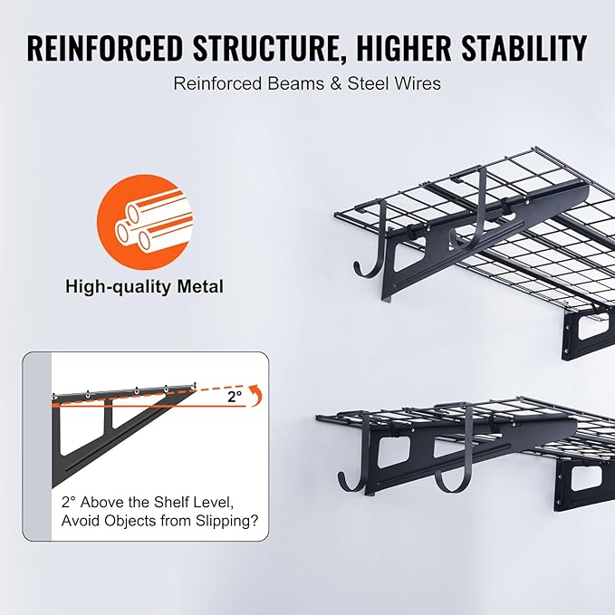 VEVOR 2 x 4 ft Garage Shelving Wall Mounted, 2 Pack Heavy Duty Garage Wall Shelves 500lbs Capacity, Garage Storage Rack Floating Shelves for Shop, Shed, Garage Storage