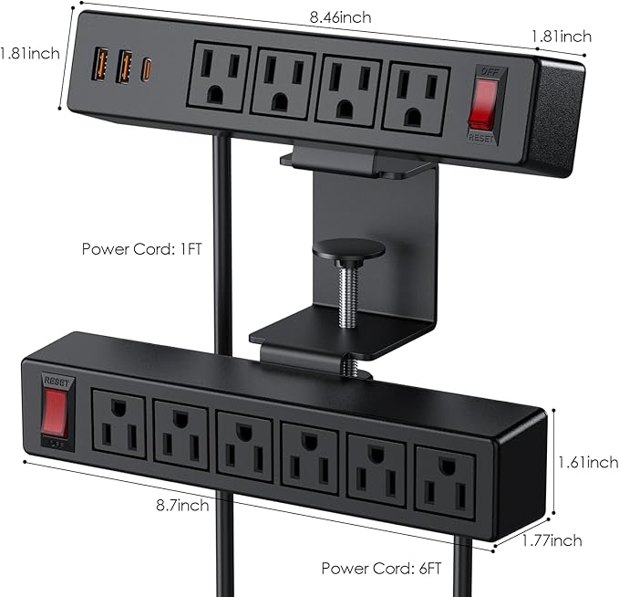 Desk Clamp Power Strip with PD20W USB-C, VILONG 2 in 1 Dual Layer Under Desk Power Strip, Removable Clamp Power Socket with 10AC Outlets & Switch, 6ft Extension Cord