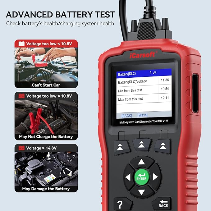 iCarsoft OBD2 Scanner MB V1.0 for Mercedes Benz/Sprinter/Smart, All System Diagnostic Tool Oil/SAS Reset Battery Test 10 OBD2/EOBD Modes CAN Car Scan Code Reader/DTC Lookup/Live Data/Freeze Frame