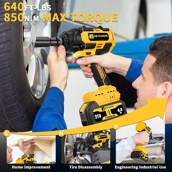 850N.m Cordless Impact Wrench Set, 1/2 inch 640Ft-lbs 21V Brushless Impact Gun, Llave De Impacto w/ 2 x 4.0Ah Battery, Charger, 5 Sockets, Kit Pistola De Impacto for Car Home