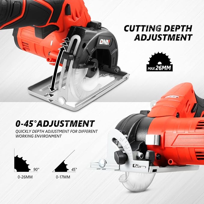 DNA MOTORING TOOLS-00174 12V Compact Cordless Circular Saw with 85mm 20T Blade and Hex Key, Adjustable Cutting Depth/Angle, Red (Tool Only)