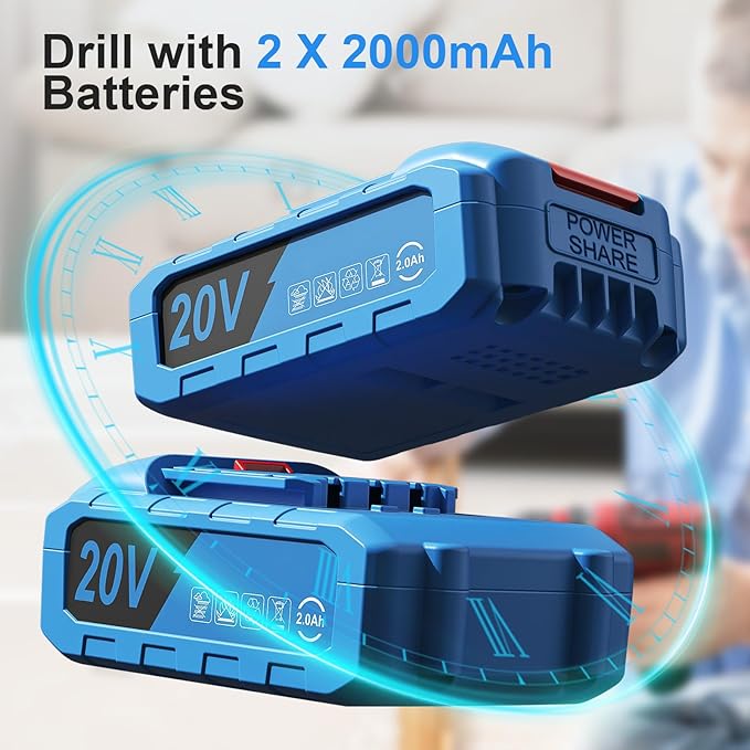 Cordless Drill, 20V Power Drill, Double 2000mAh Batteries Electric Drill, Cordless Drill with Battery and Charger, 3/8" Keyless Chuck Battery Drill with 25+1 Max 370 In-lb Torque, 42Pcs Drill Bits