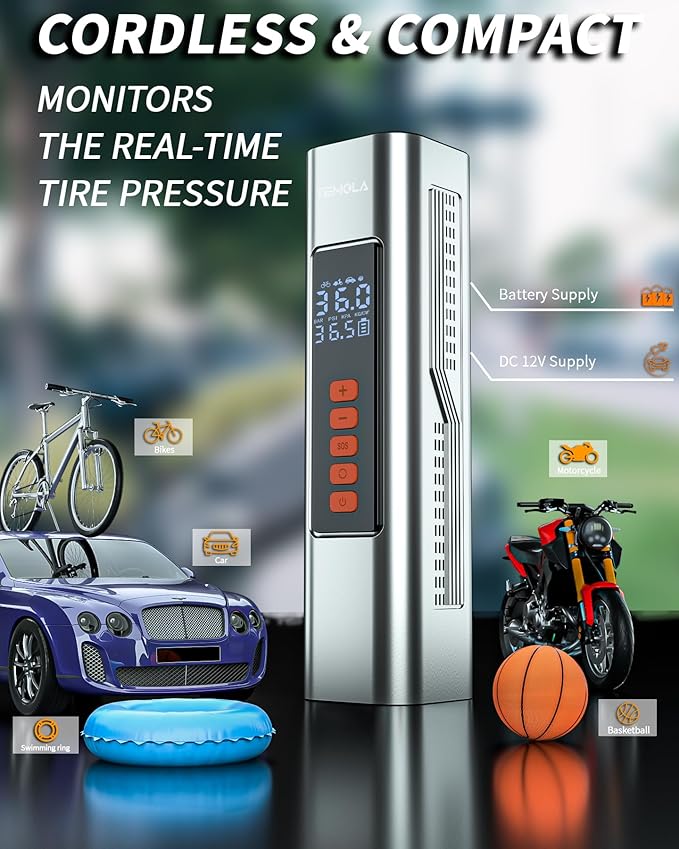 TEMOLA Tire Inflator Portable Air Compressor, Air Pump for Car Tires Car Accessories, 150PSI Portable Tire Inflator for Car with Tire Pressure Gauge, Bike Pump for Motorcycle Bicycle Ball, 2000mAh*2