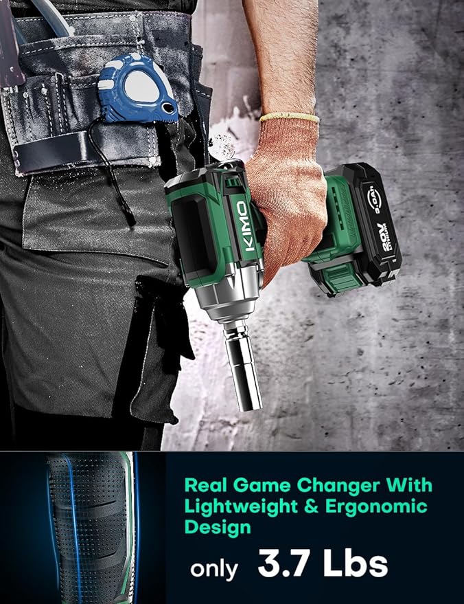 KIMO Cordless Impact Wrench, 550N.m/406ft-lbs, 7Sockets,3Inch Extension Bar, High Torque Impact Brushless Wrench with 3/8" Chuck, 3000 RPM, 3000mAh Li-ion Battery, Charger, Power Impact Wrench for Car