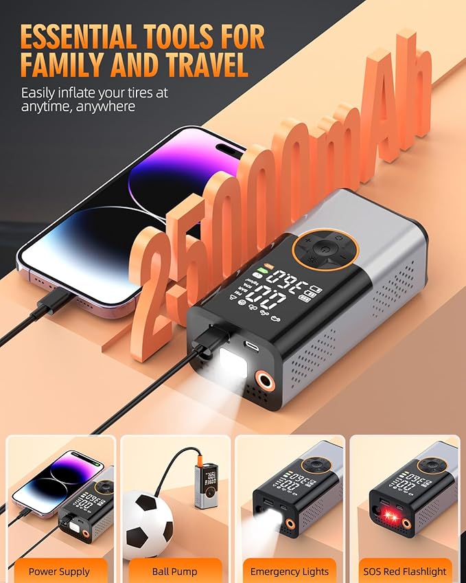 Tire Inflator Portable Air Compressor, 2X Faster Portable Air Compressor with 25000mAh Battery, 150PSI Cordless Air Pump for Car, Motorcycle, Bicycle and More