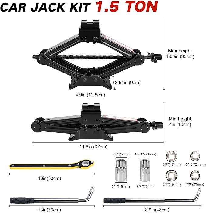 Car Jack Kit Scissor Jack for Car 1.5 Ton (3307 lbs) Scissor Jack Kit Universal Car Emergency Kit with Lug Wrench Tire Changing Kit for Car SUV