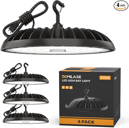 4 Pack Led High Bay Light 250W, 37500 lm UFO High Bay Led Shop Lights 5000K, Durable High Bay Lighting with US Plug, Commercial Light Fixture for Workshop, Garage, Warehouse