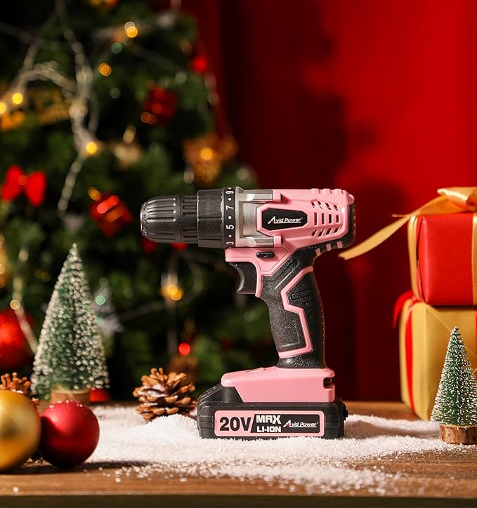 AVID POWER 20V MAX Lithium lon Cordless Drill Set, Power Drill Kit with Battery and Charger, 3/8-Inch Keyless Chuck, Variable Speed, 16 Position and 22pcs Drill Bits (Pink)