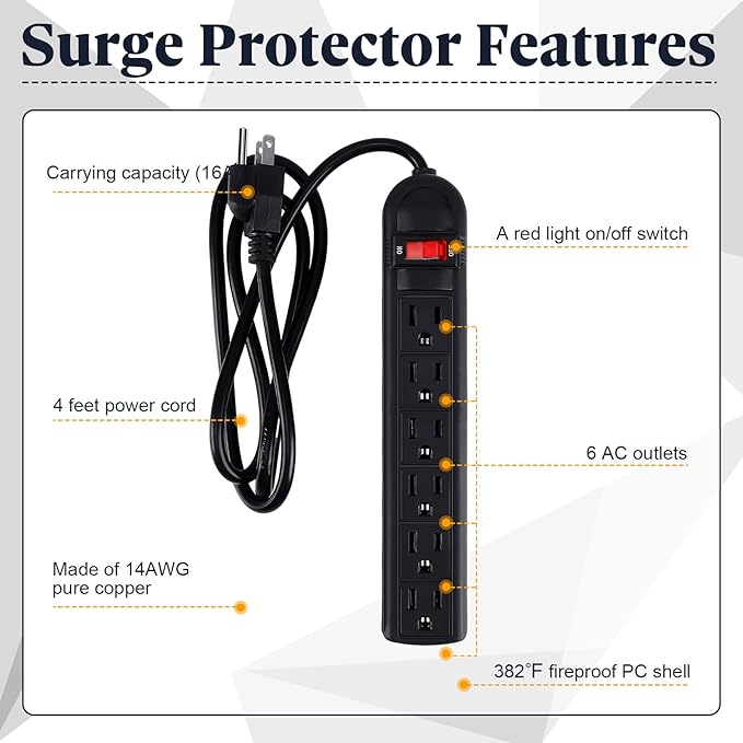 Kanayu 20 Pack 6 Outlet Power Strip Surge Protector 4 ft Cord Low Profile Flat Plug Surge Protector Power Strip for Home Office (Black)