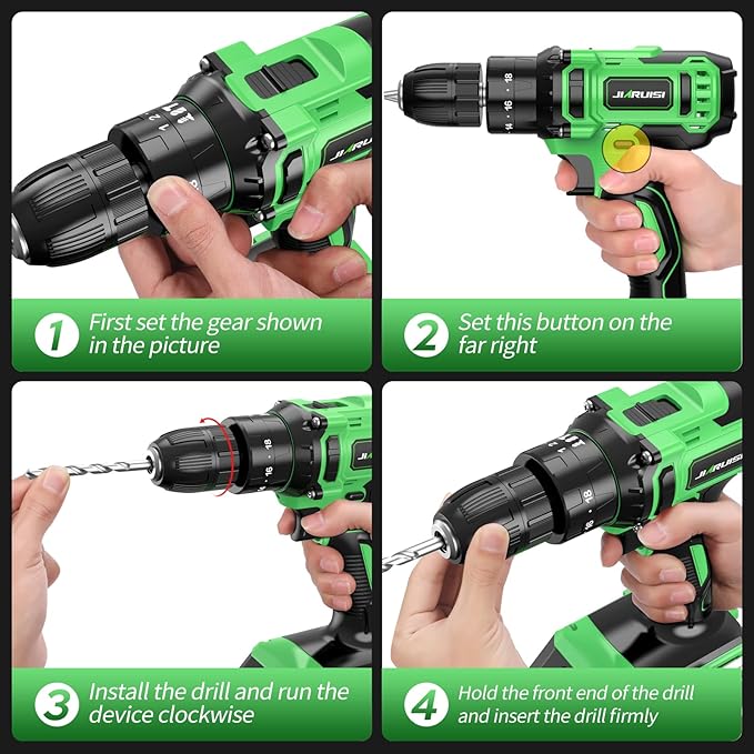 Power Drill Cordless, 20V Cordless Drill, Electric Power Drill Set with 1 Battery & Charger, 3/8” Keyless Chuck, 2 Variable Speed, 18+3 Torque and 72pcs Drill/Driver Bits, Green