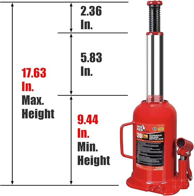 BIG RED T92003B Torin Hydraulic Welded Bottle Jack, 20 Ton (40,000 lb) Capacity, Red
