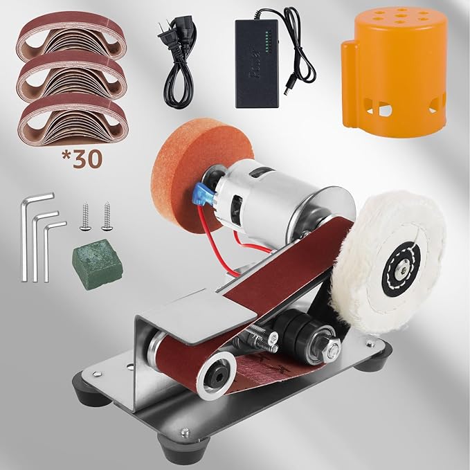 Mini Belt Sander,15 Degree Electric Belt Grinder,7 Adjustable Speed Electric Knife Polishing Sharpener Machine,Heavy Duty Electric Sander w/30 Sanding Belt,Electric Grinding Machine for Metal Jewelry